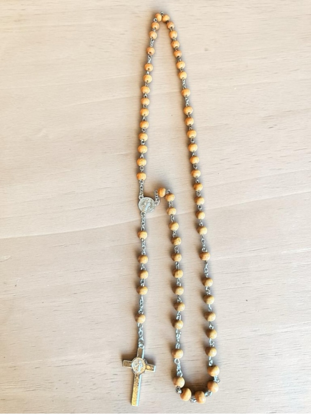 Rosary Necklace‎ with Light Brown Beads and Silver Cross